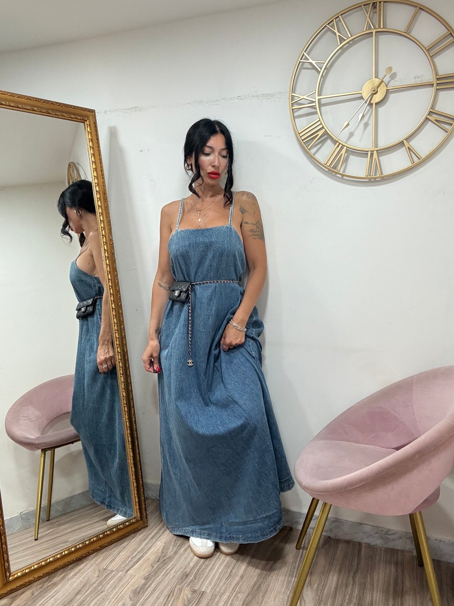 Dress denim lungo bretelle 3039