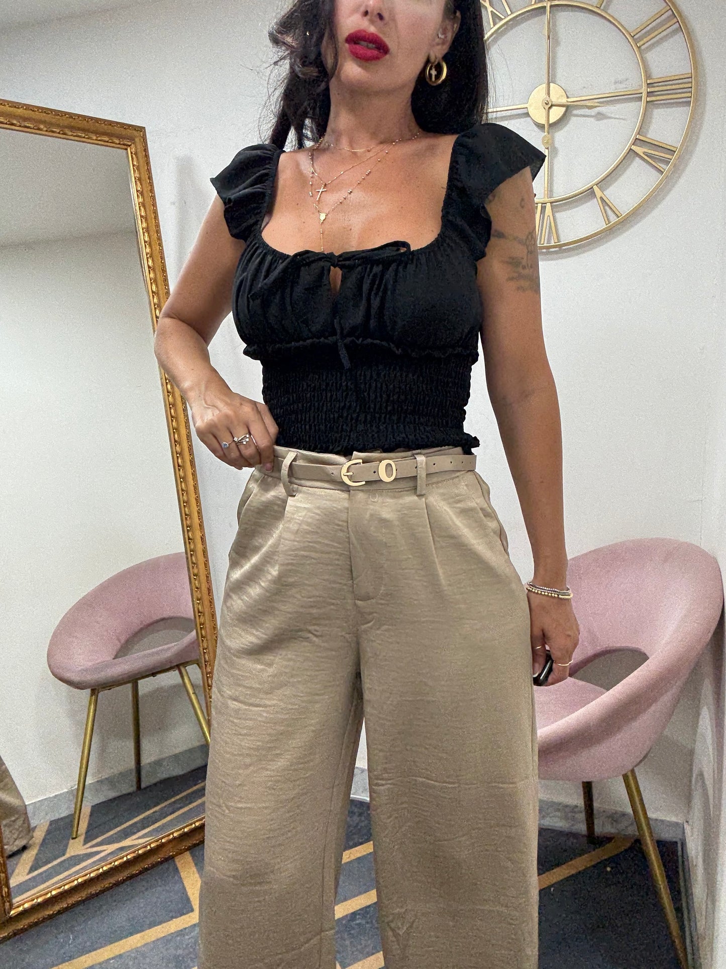 Pantalone palazzo con cinta satin