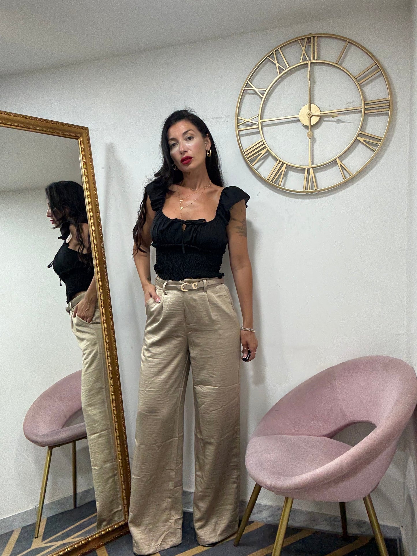 Pantalone palazzo con cinta satin