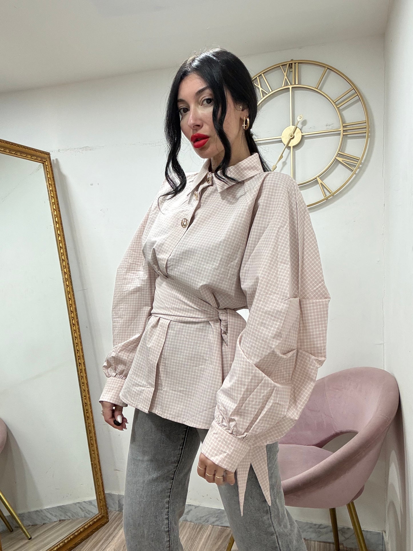 Camicia righe rosa bottoni oro 3336