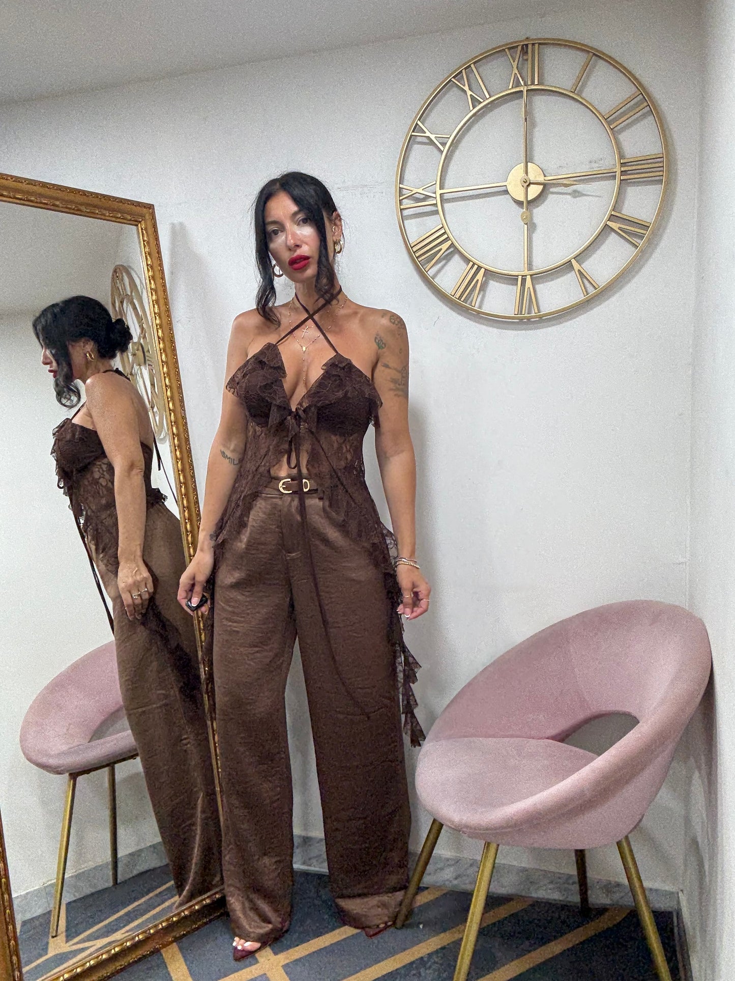 Pantalone palazzo con cinta satin