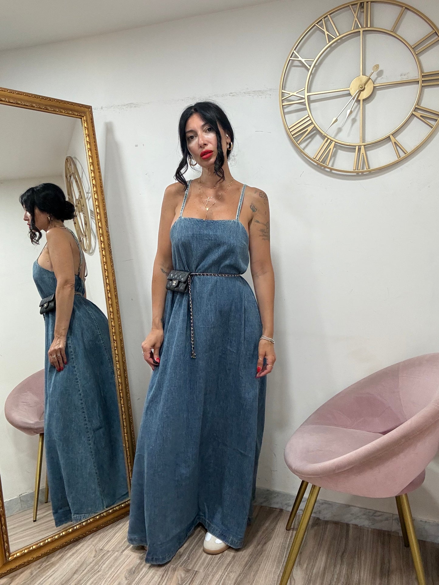 Dress denim lungo bretelle 3039