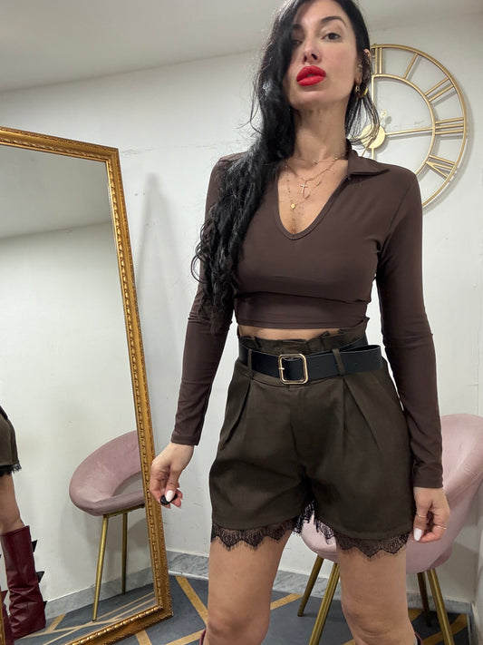 Maglia crop licra colletto camicia fiocco retro 16628