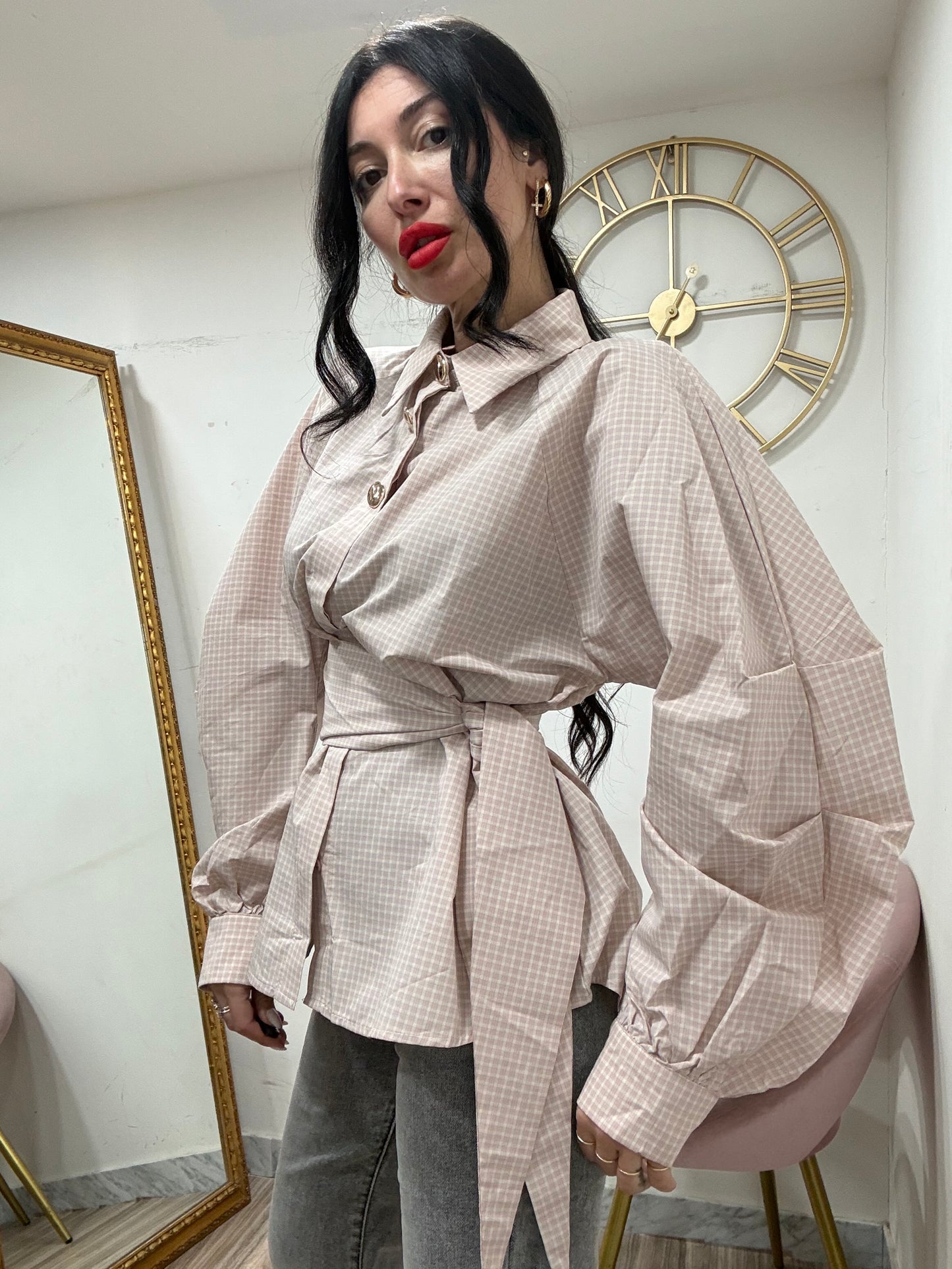 Camicia righe rosa bottoni oro 3336