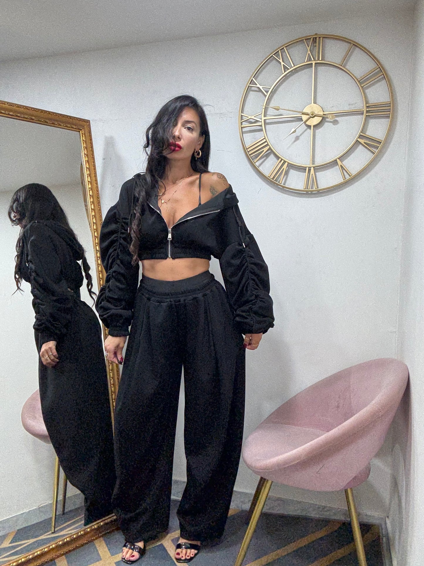 Coord felpa zip maniche arricciata