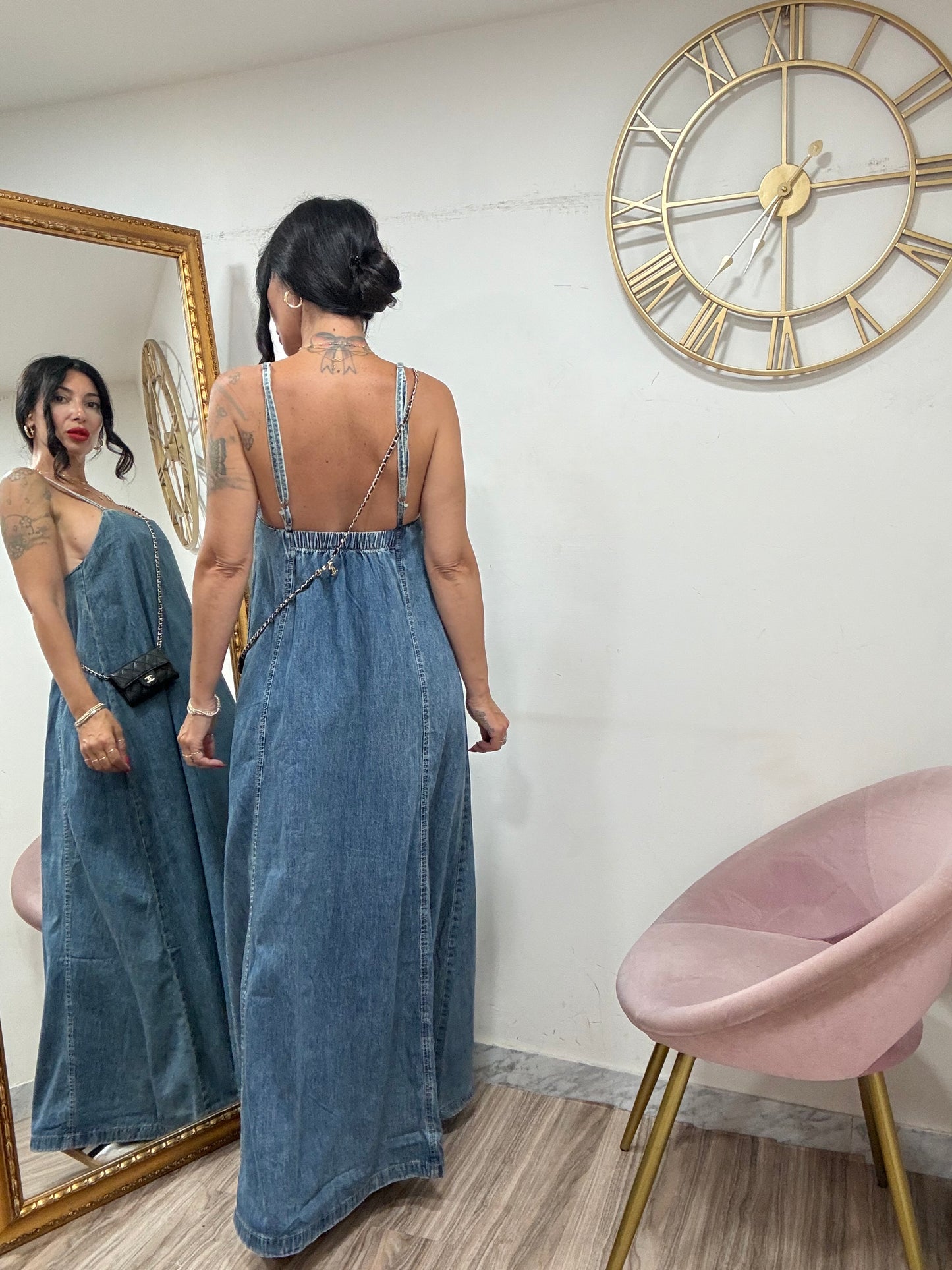 Dress denim lungo bretelle 3039