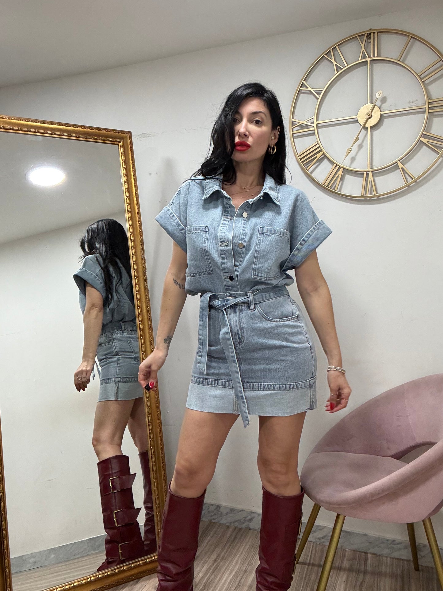 Coordinato denim mini camicia mezza manica 058
