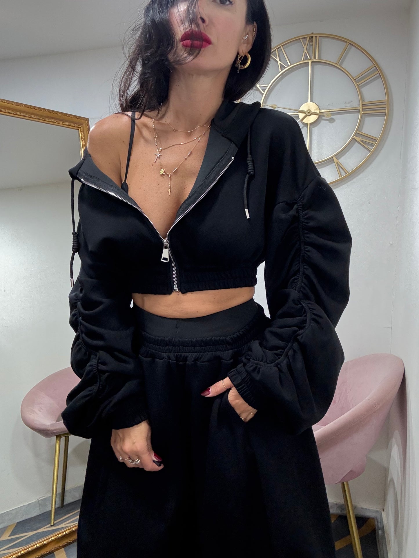 Coord felpa zip maniche arricciata