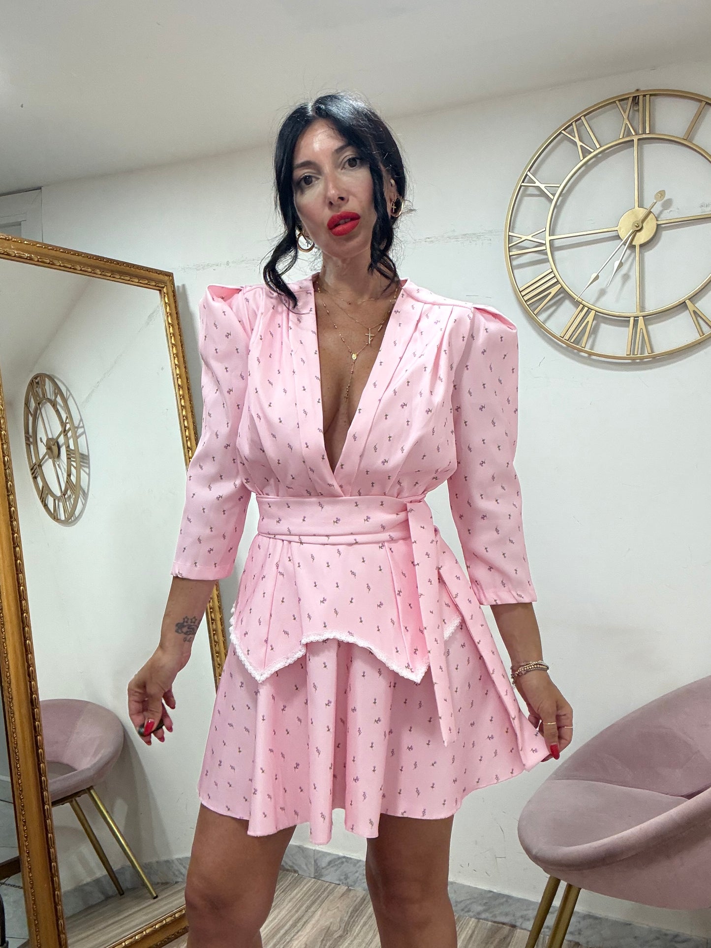 Dress mezza manica fiori cinta balze 28101