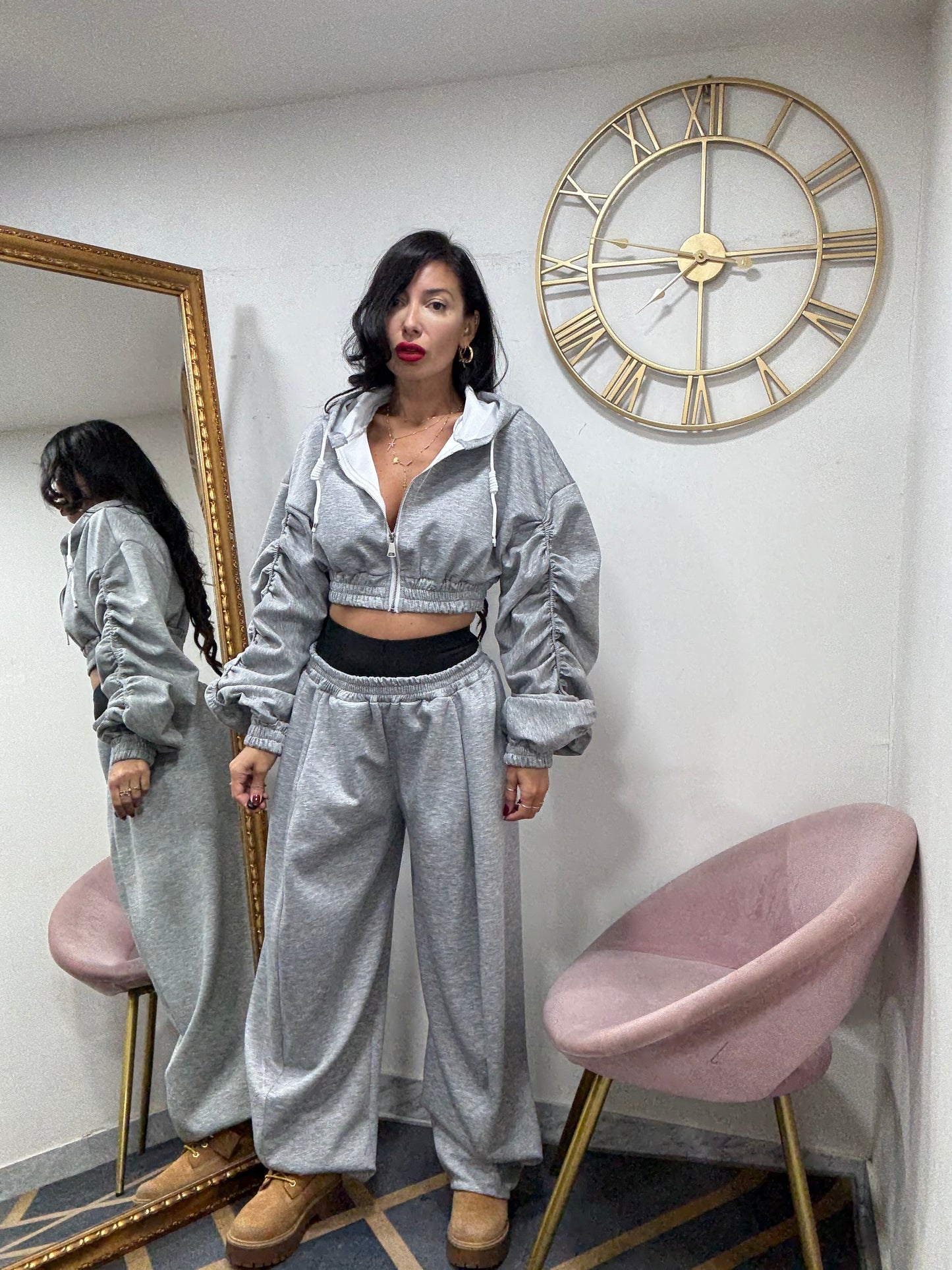 Coord felpa zip maniche arricciata