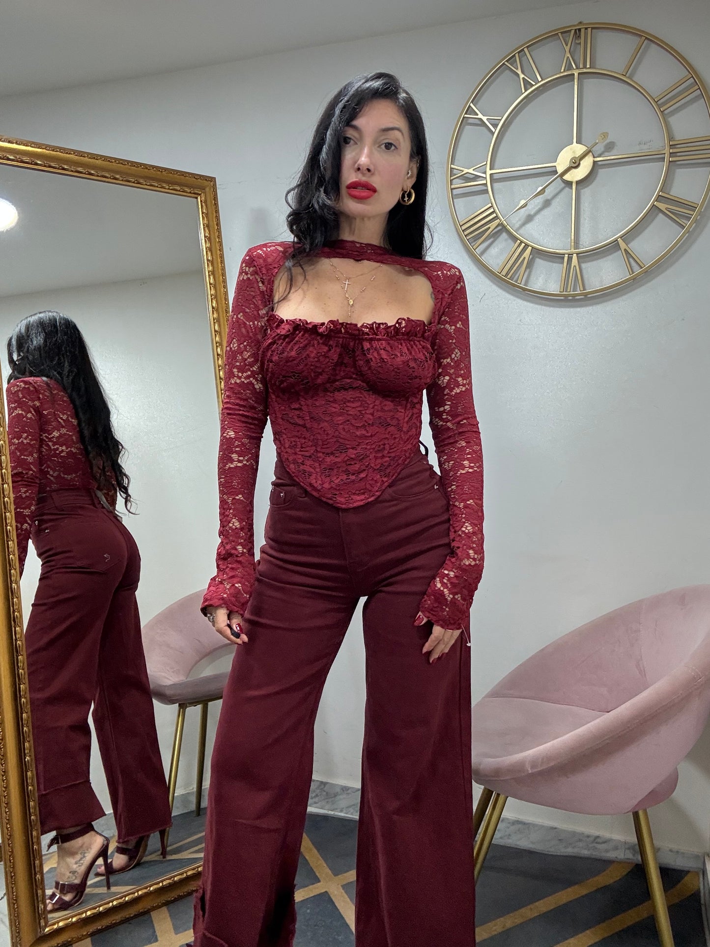 Maglia pizzo steccata scollo conchiglia