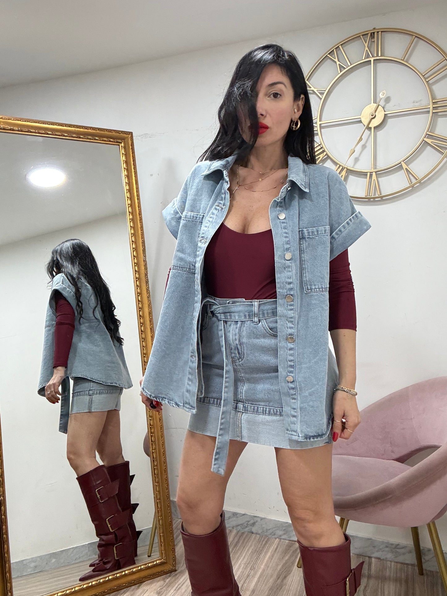 Coordinato denim mini camicia mezza manica 058