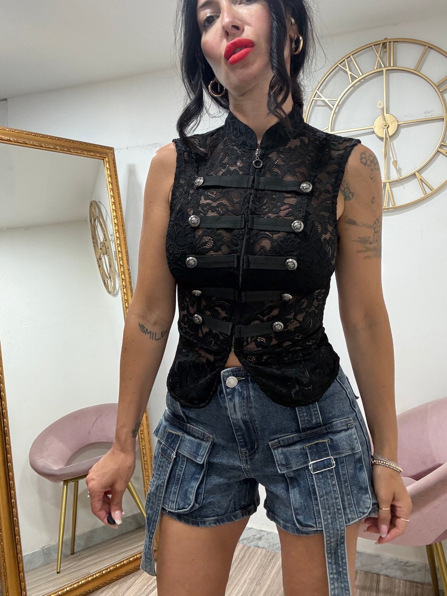 Gilè zip macramè bottoni militari 26552