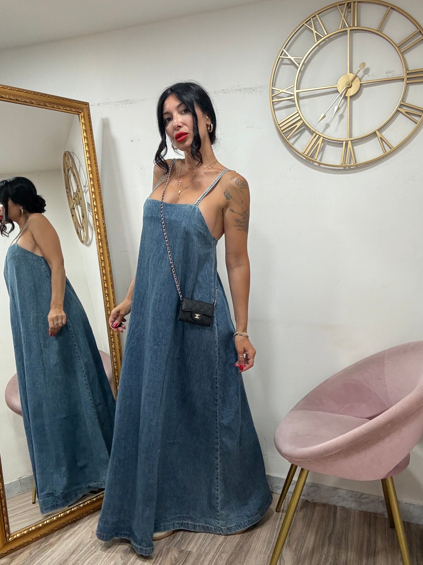 Dress denim lungo bretelle 3039