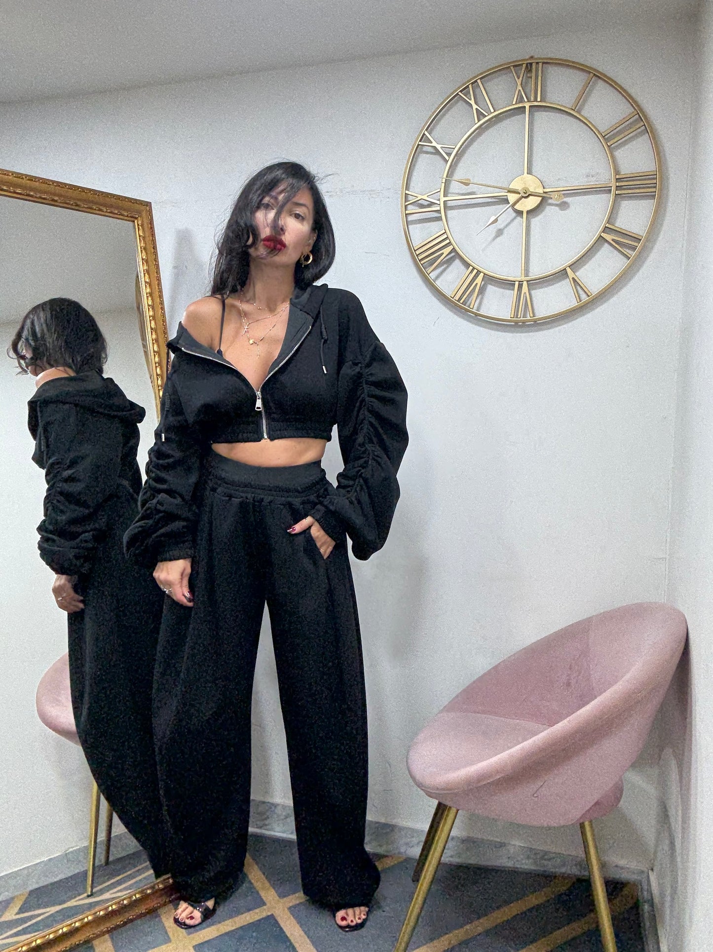 Coord felpa zip maniche arricciata