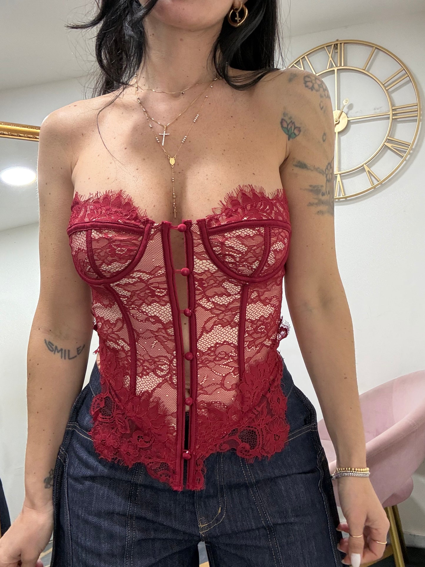 Corsetto steccato pizzo bottoncini