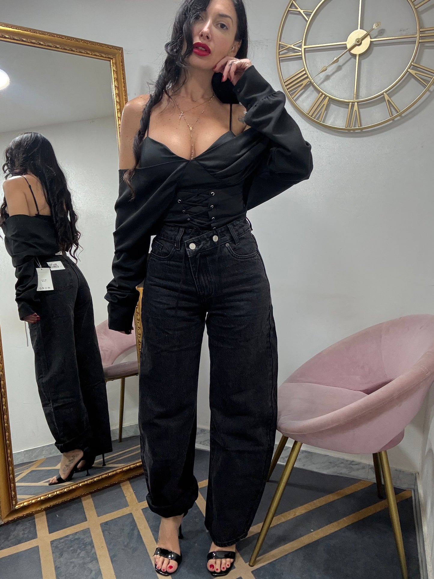 Jeans abbottonatura asimmetrica ballon nero 147