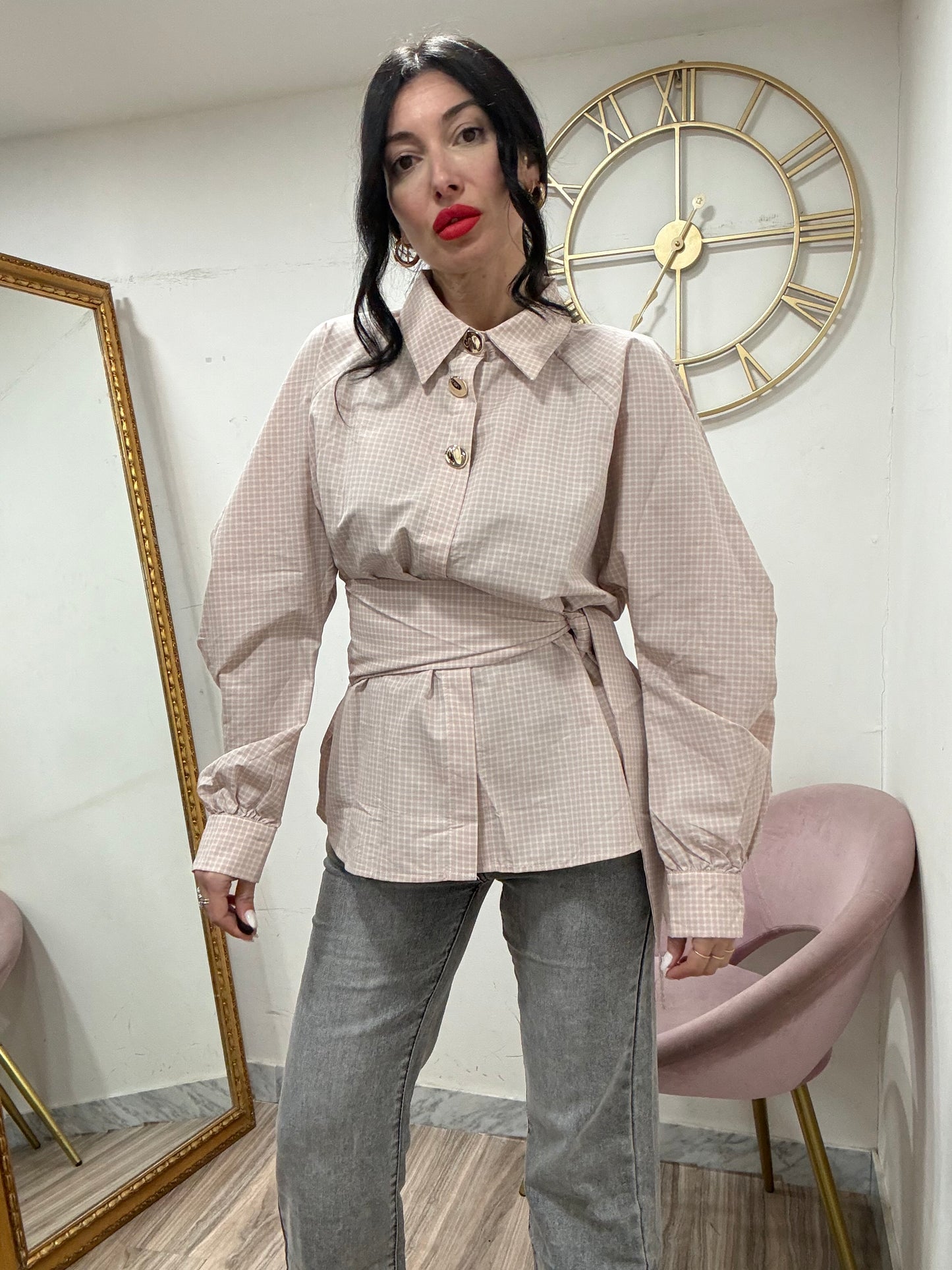 Camicia righe rosa bottoni oro 3336