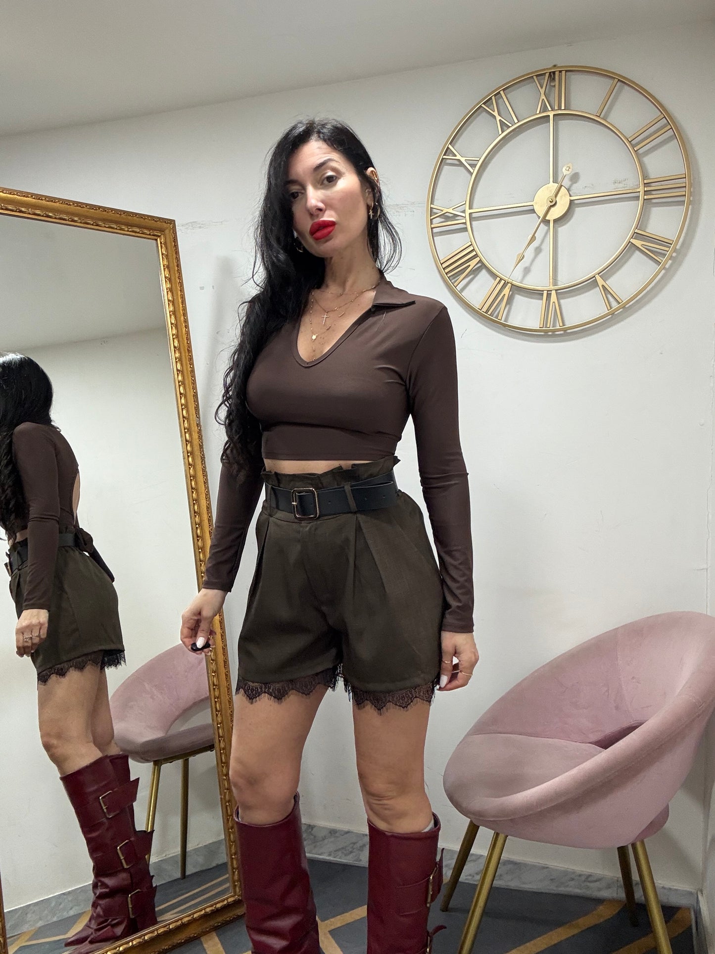 Maglia crop licra colletto camicia fiocco retro 16628