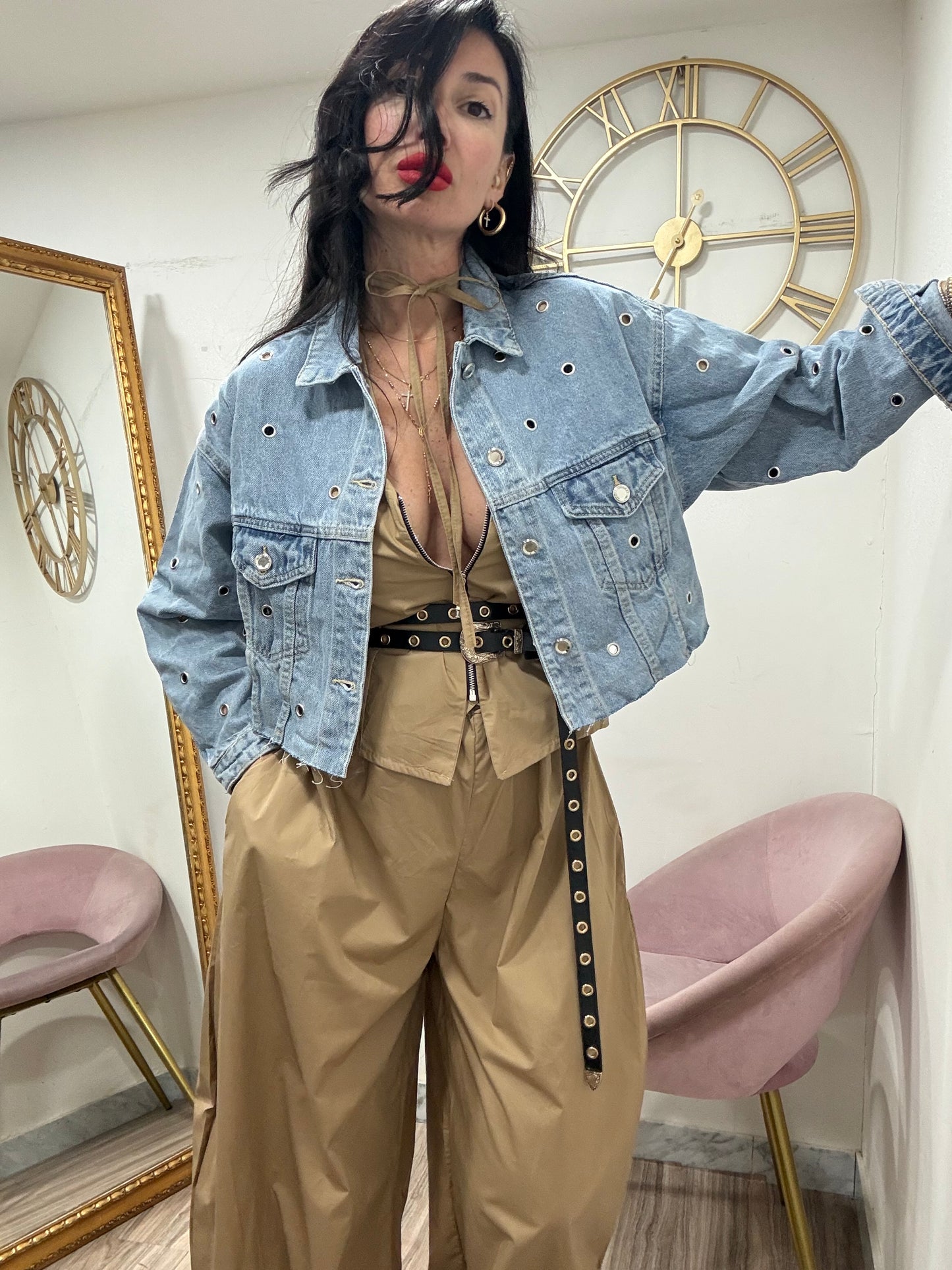 Giubbino Denim crop borchie 278